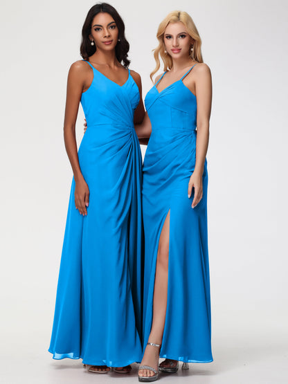 Ocean Themed Bridesmaid Dresses Sheath/Column Spaghetti Straps V-Neck Floor Length Chiffon Bridesmaid Dresses with Slit