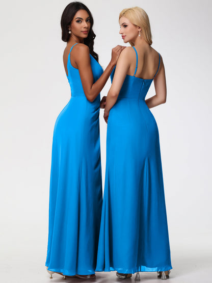 Ocean Themed Bridesmaid Dresses Sheath/Column Spaghetti Straps V-Neck Floor Length Chiffon Bridesmaid Dresses with Slit