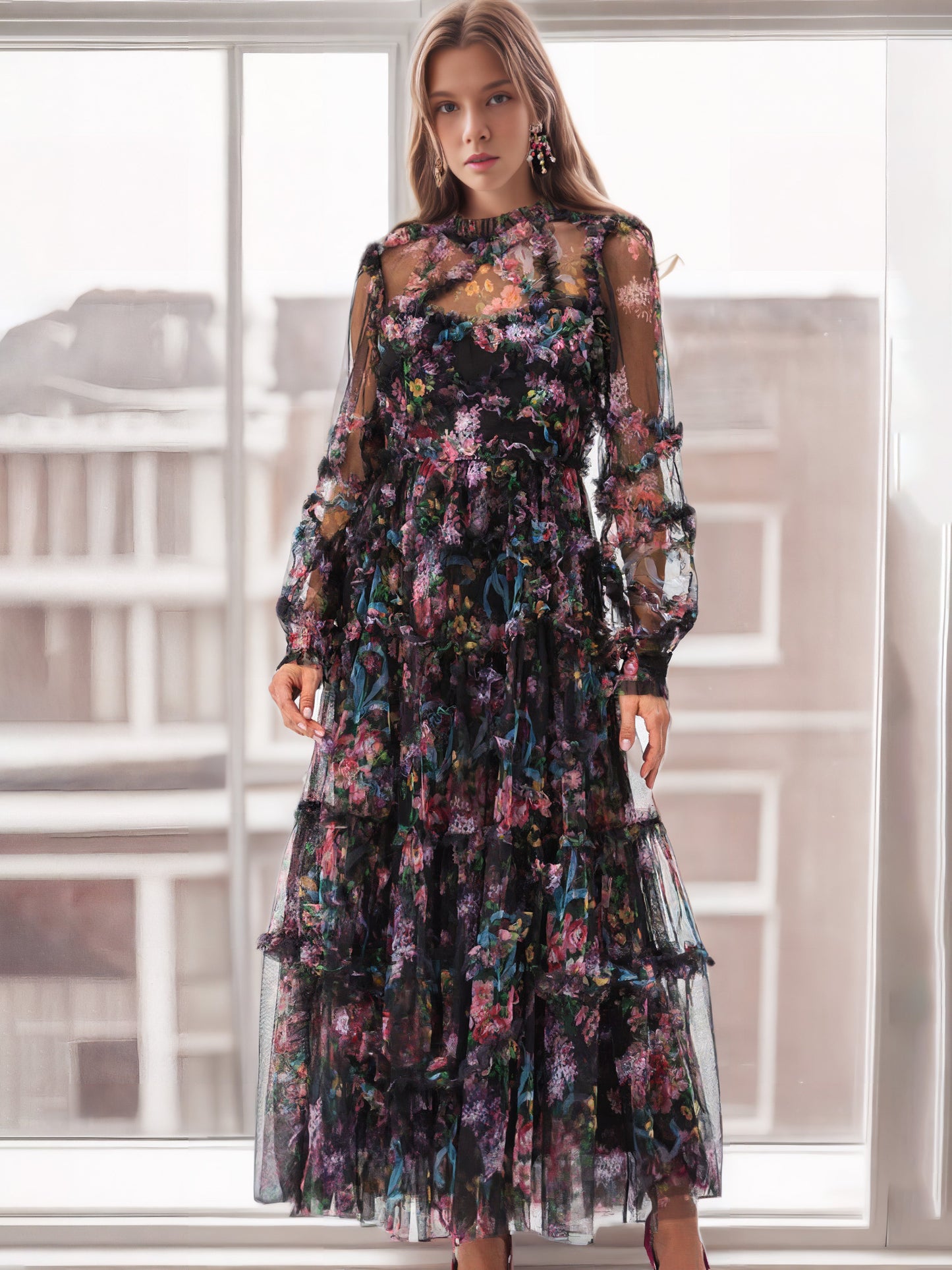 Mock Neck Floral Long Sleeves Tulle Tiered Ruffle Bridesmaid Dresses
