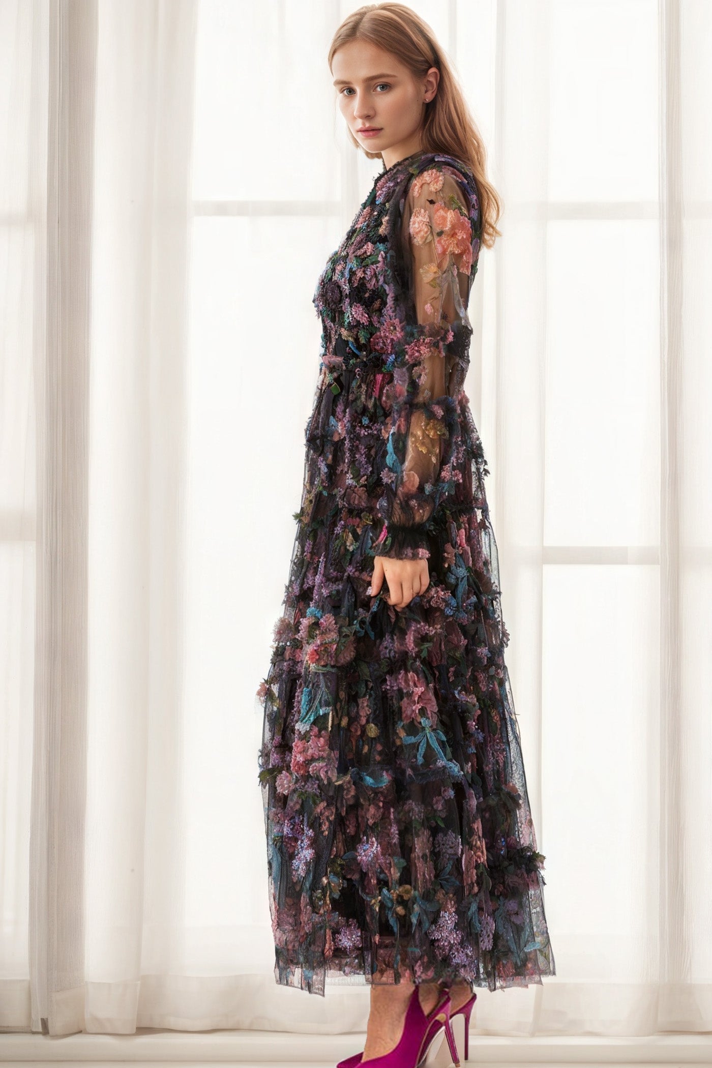 Mock Neck Floral Long Sleeves Tulle Tiered Ruffle Bridesmaid Dresses