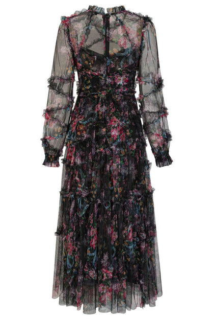 Mock Neck Floral Long Sleeves Tulle Tiered Ruffle Bridesmaid Dresses