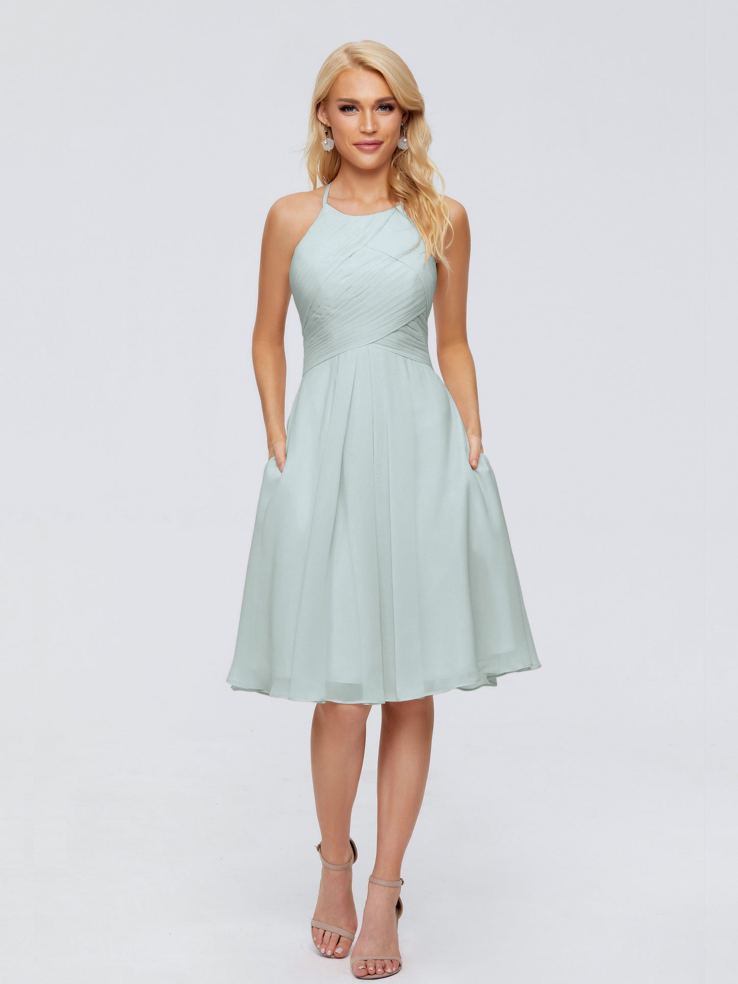 Molly Halter Knee Length Chiffon Bridesmaid Dresses With Pockets