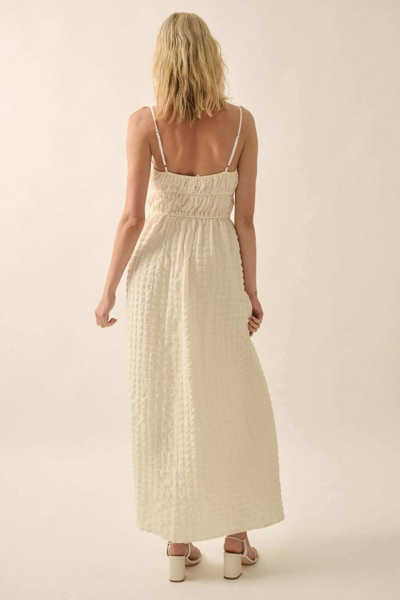 Puff Piece Textured Bubble Plaid Maxi Dress