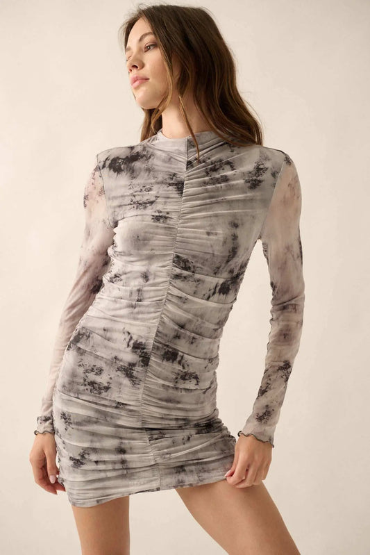 Smoke and Mirrors Ruched Tie-Dye Mesh Mini Dress