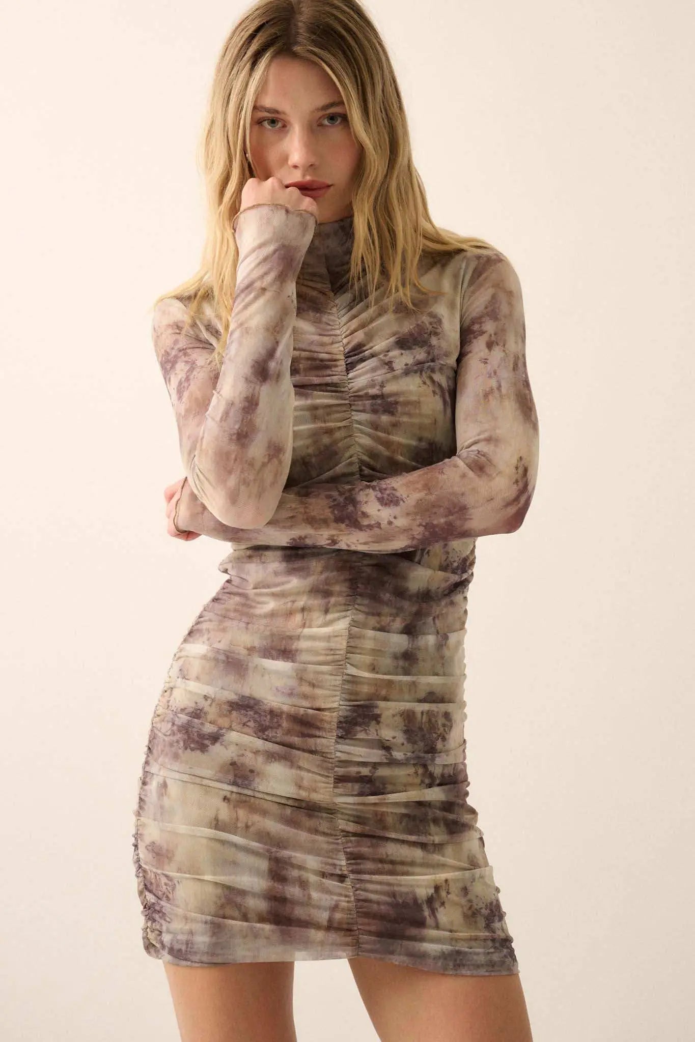 Smoke and Mirrors Ruched Tie-Dye Mesh Mini Dress