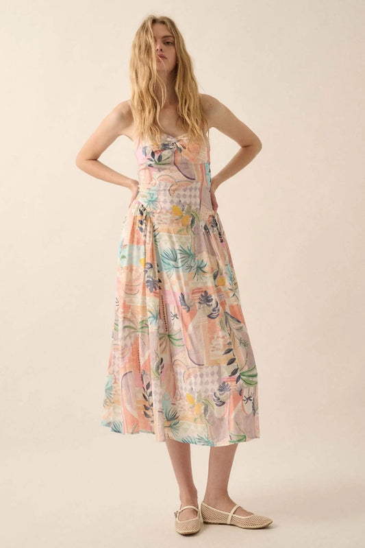 Meet Me in Miami Tropical Motif-Print Midi Dress