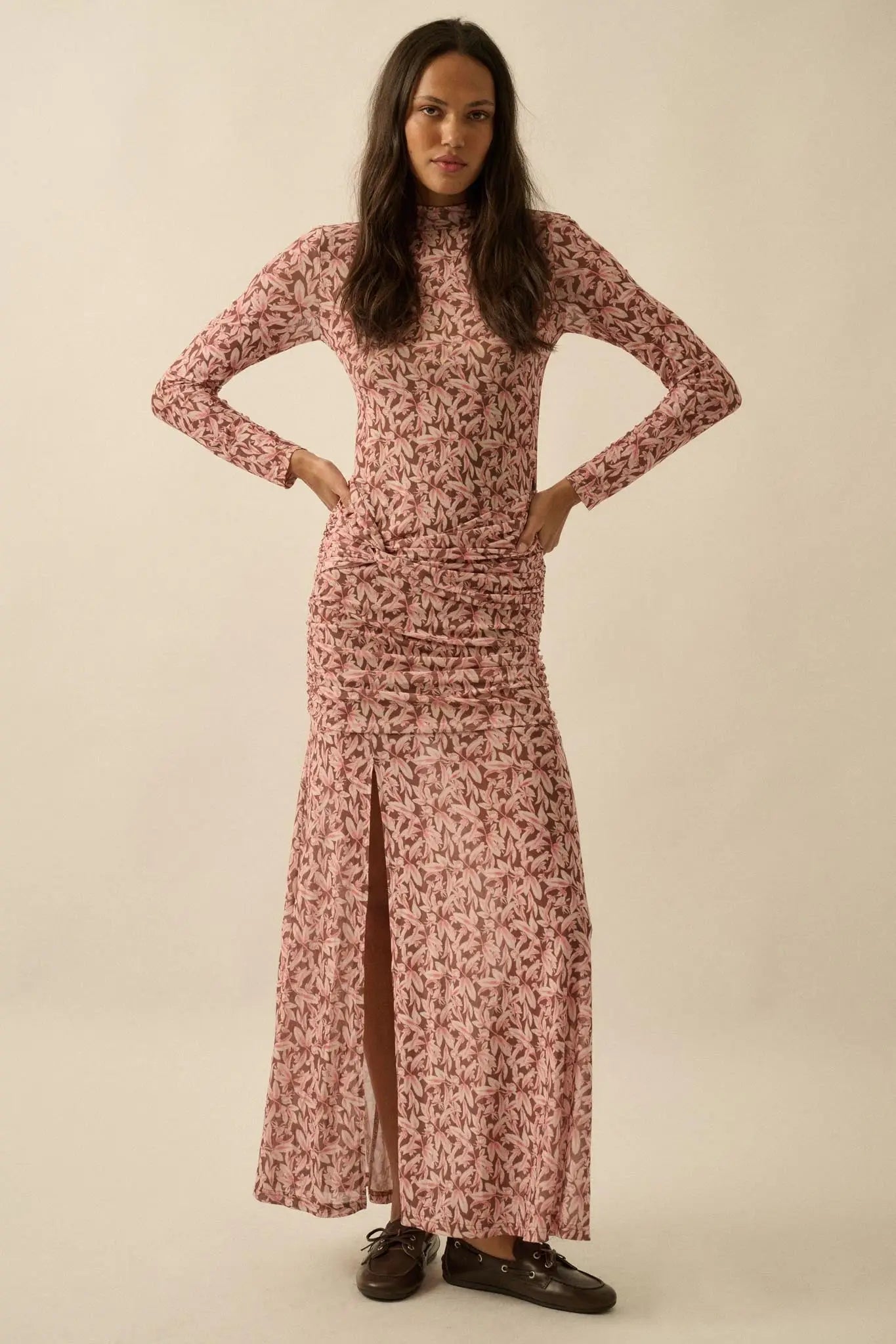 Petal Passion Floral Mesh Ruched Maxi Dress