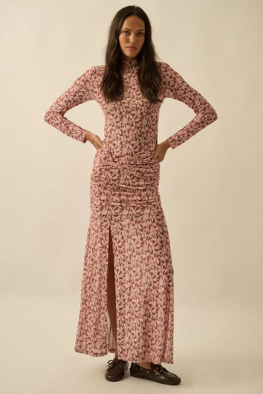 Petal Passion Floral Mesh Ruched Maxi Dress