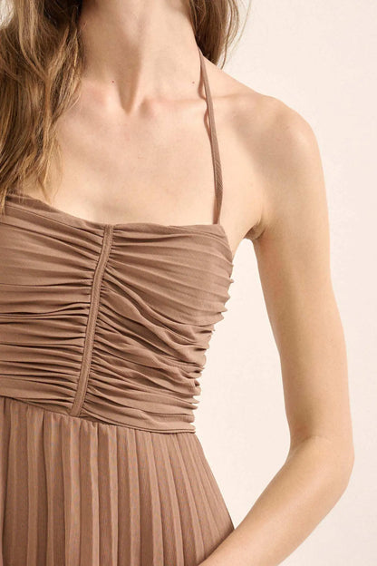 Mucho Mambo Accordion Pleated Halter Mini Dress
