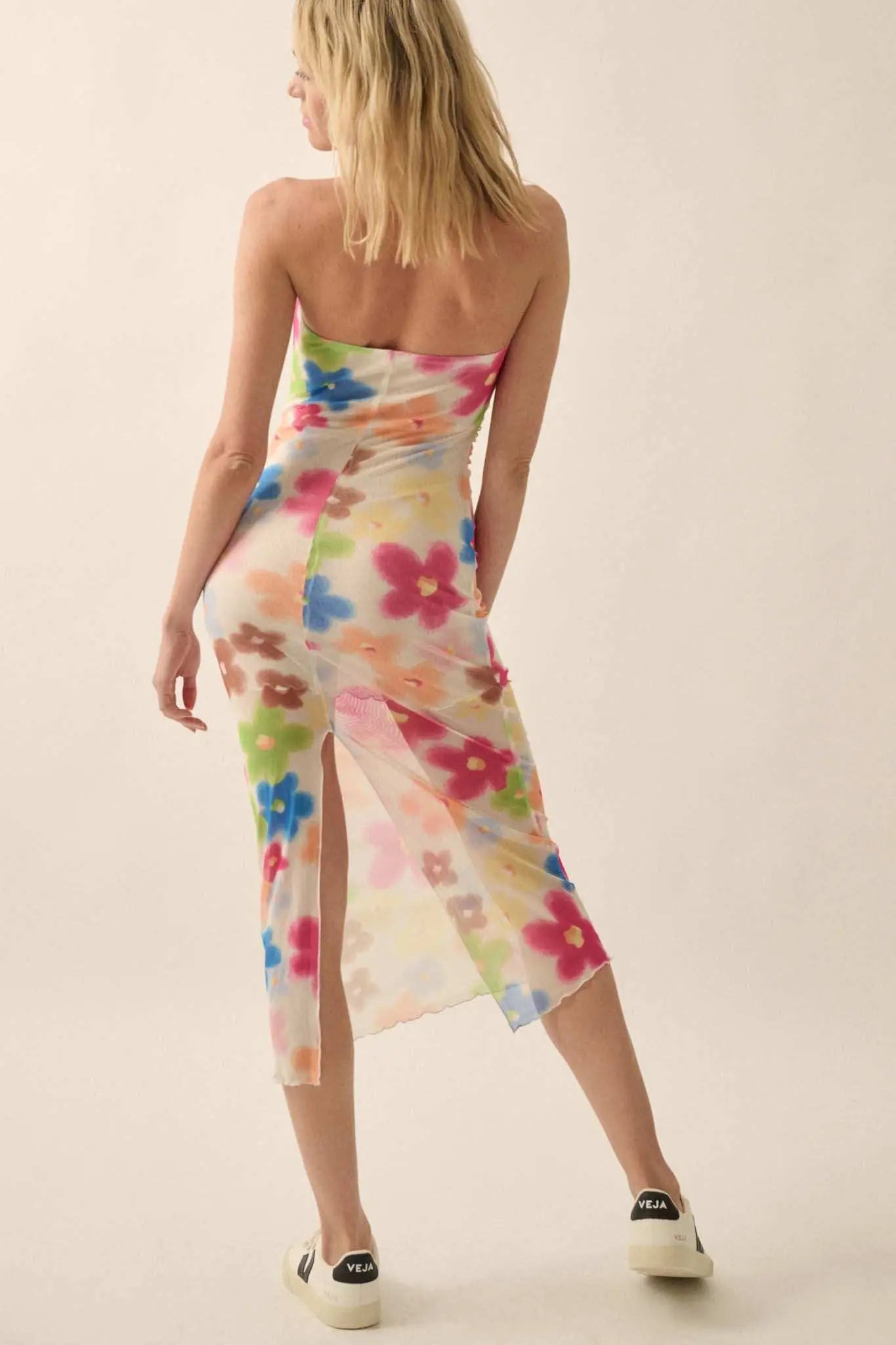 Flower Power Floral Mesh Strapless Midi Dress
