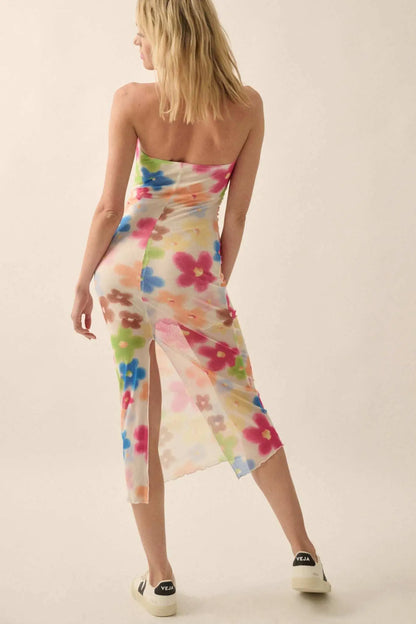 Flower Power Floral Mesh Strapless Midi Dress