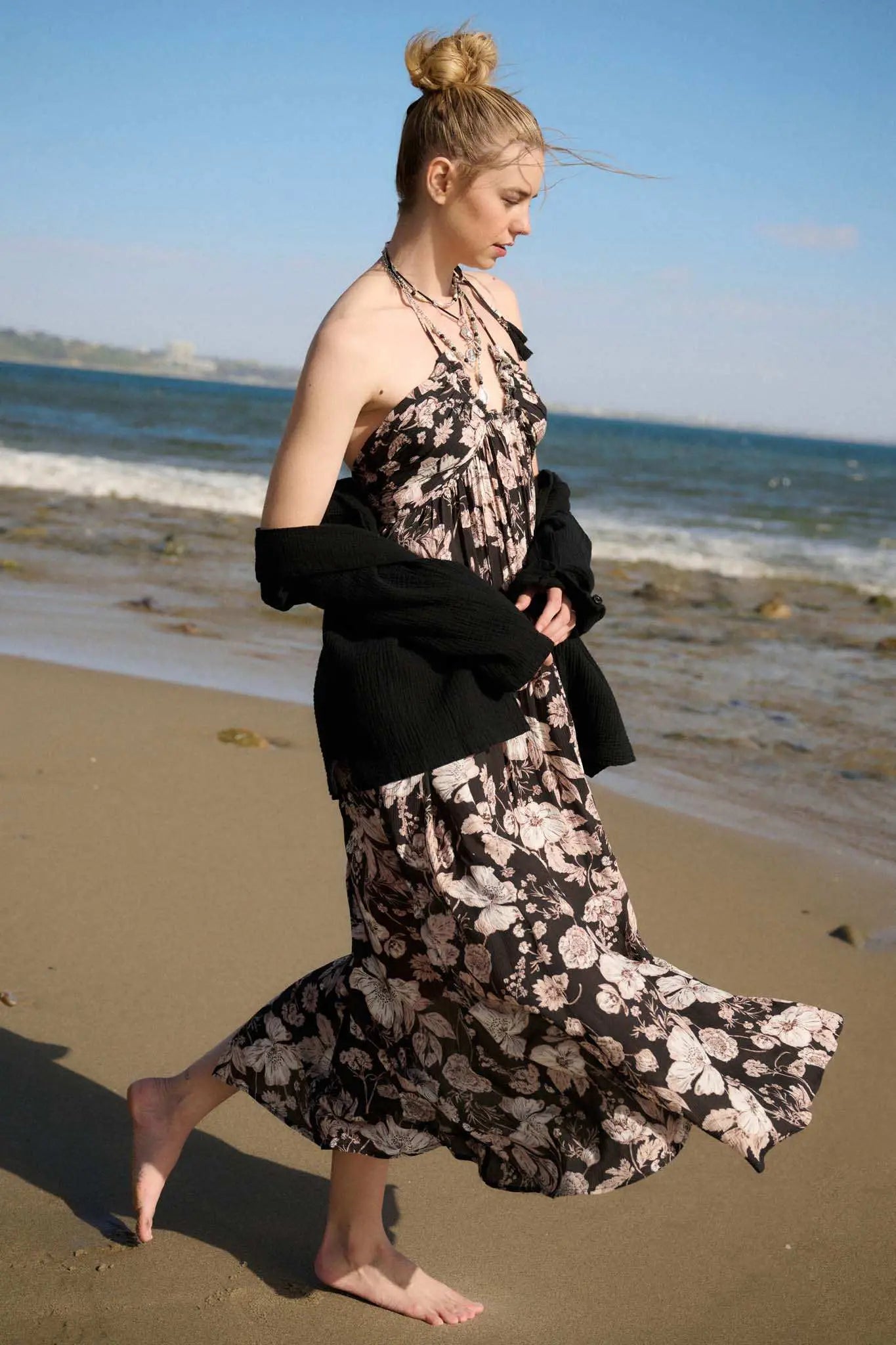 Elegant Blossoms Floral Crepe Halter Maxi Dress