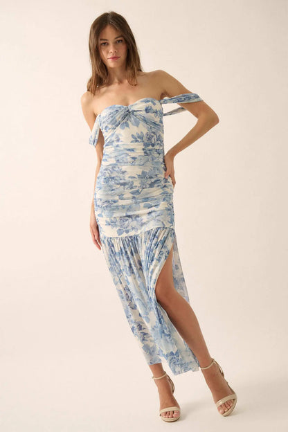 Dewy Dreams Floral Mesh Off-Shoulder Maxi Dress