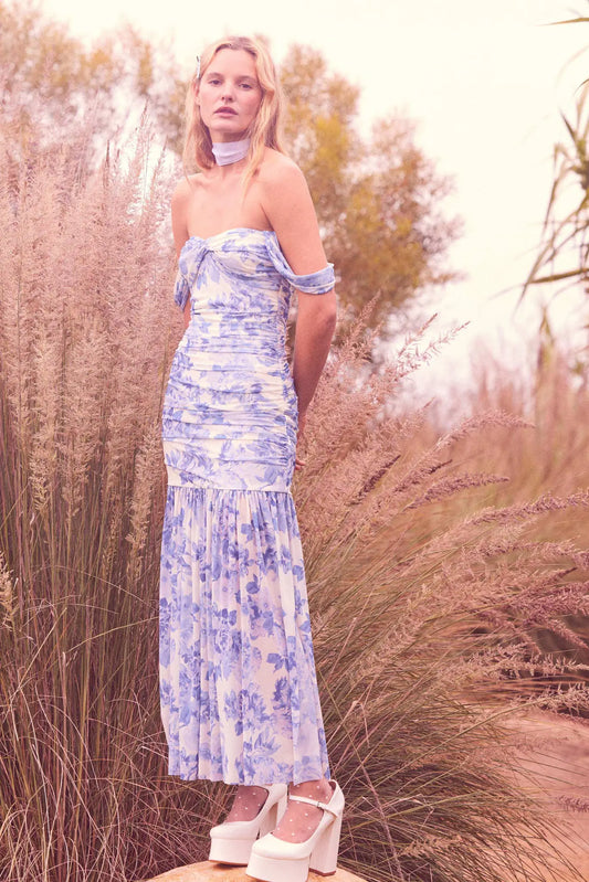 Dewy Dreams Floral Mesh Off-Shoulder Maxi Dress