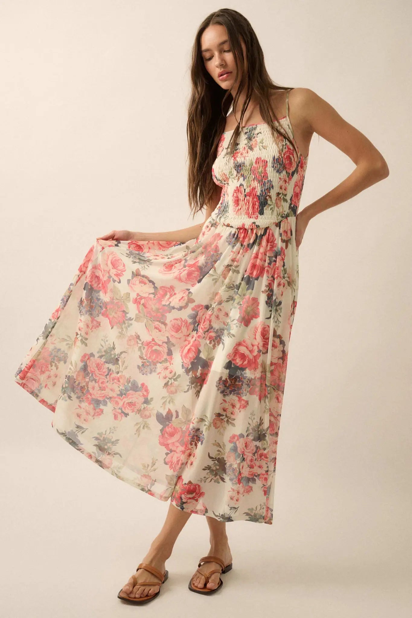 Blooming Valley Floral Mesh Smocked Maxi Dress