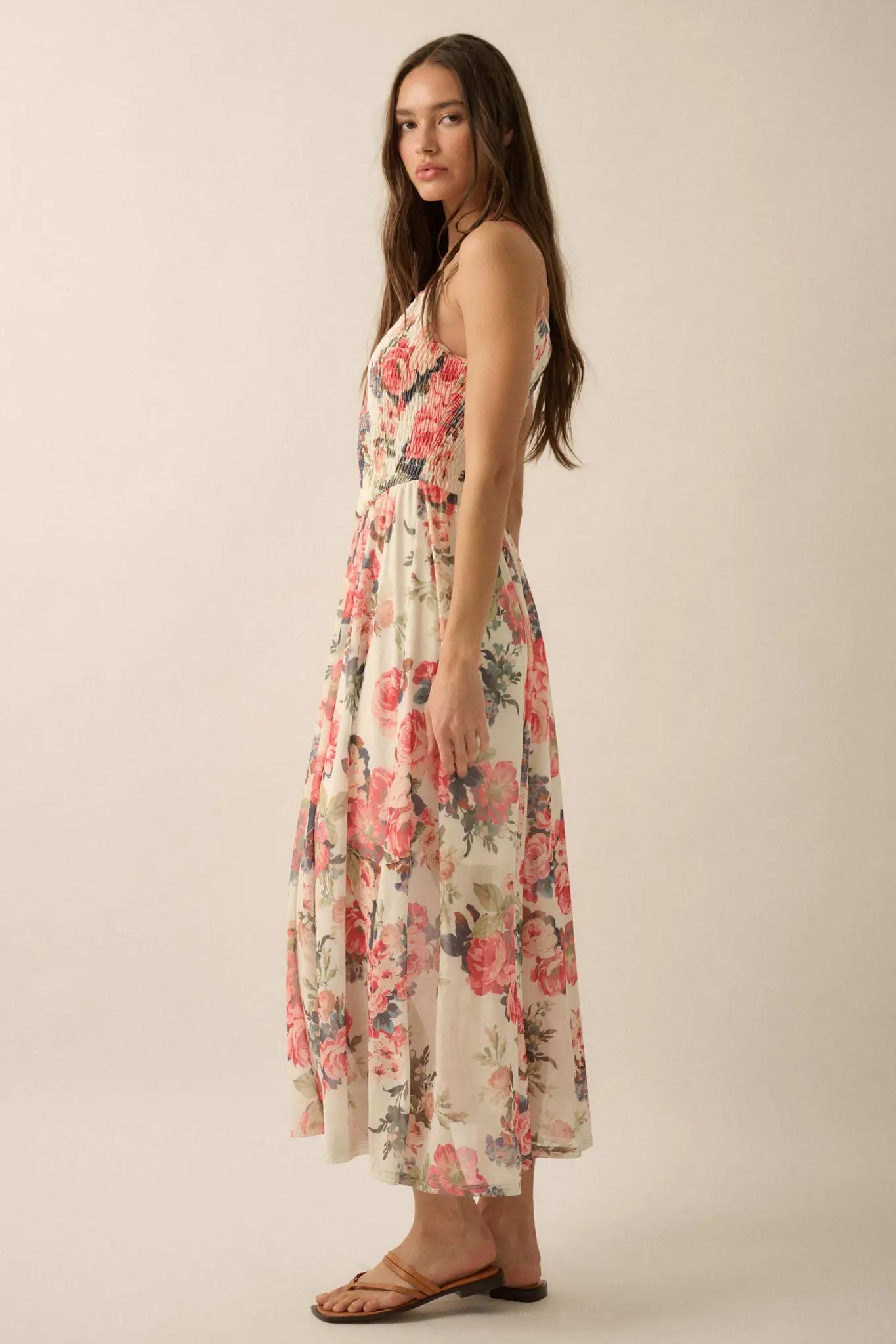 Blooming Valley Floral Mesh Smocked Maxi Dress
