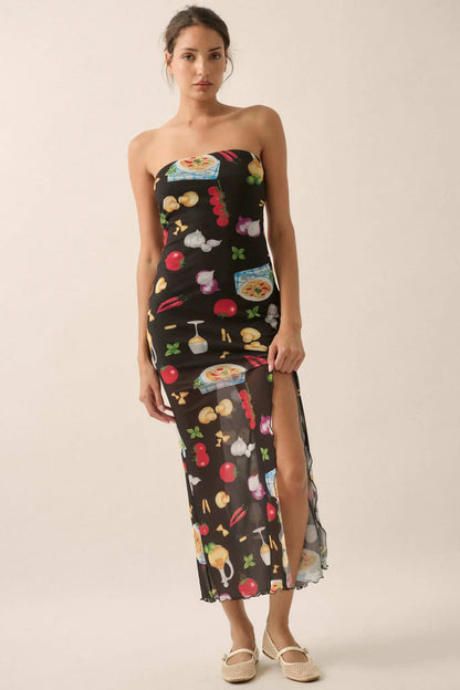 Mambo Italiano Printed Mesh Strapless Maxi Dress