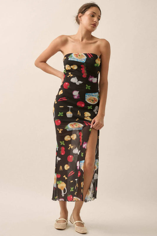 Mambo Italiano Printed Mesh Strapless Maxi Dress