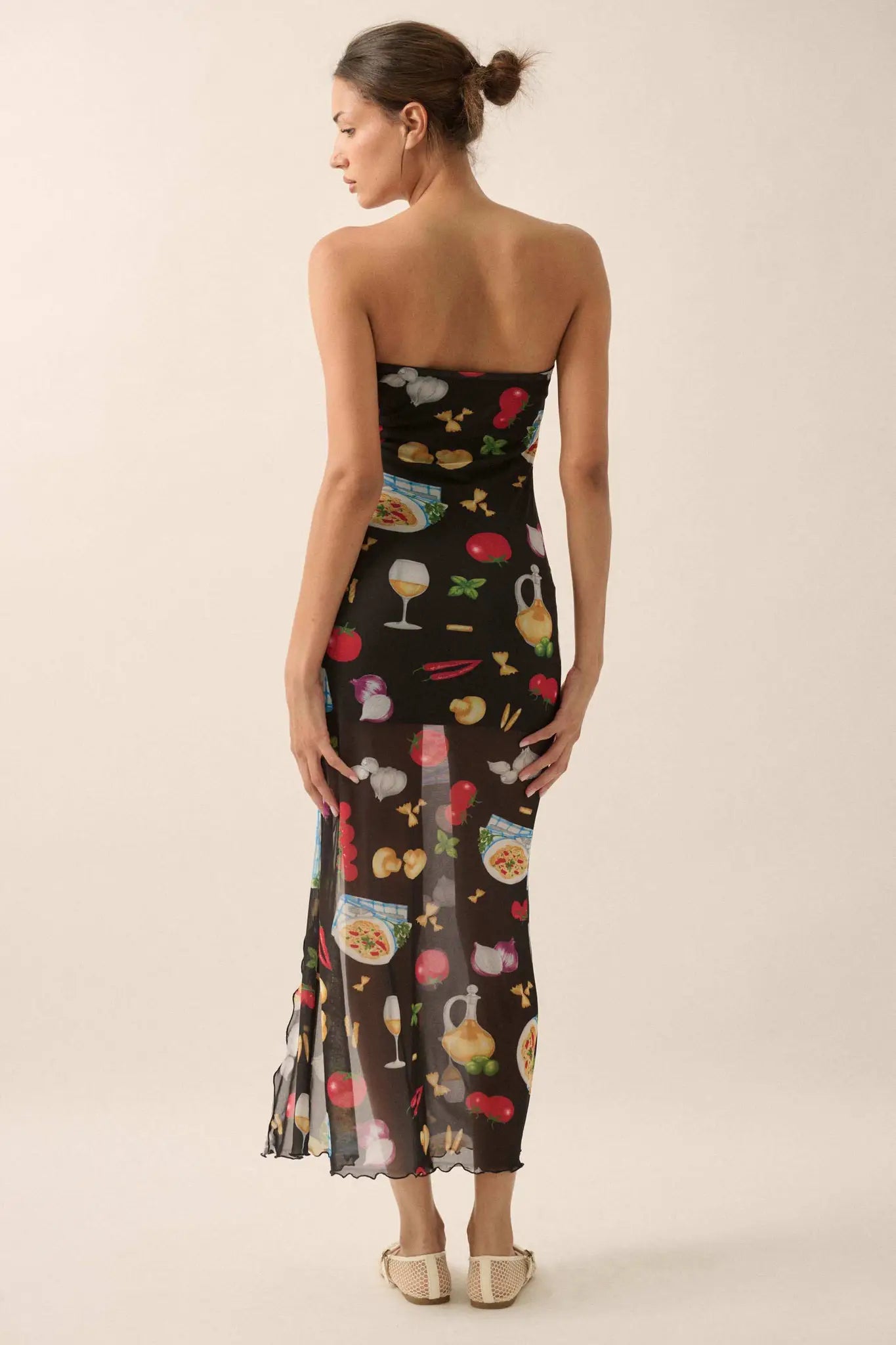 Mambo Italiano Printed Mesh Strapless Maxi Dress