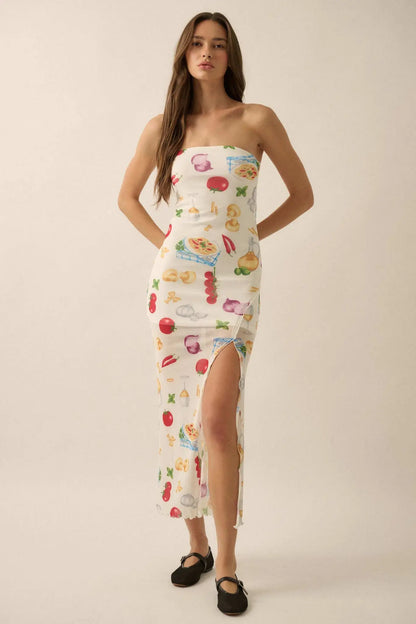 Mambo Italiano Printed Mesh Strapless Maxi Dress