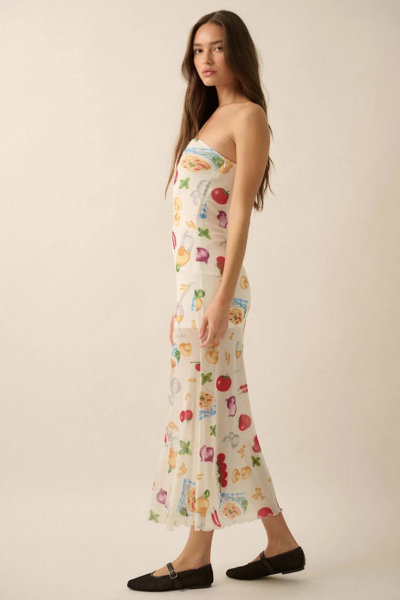 Mambo Italiano Printed Mesh Strapless Maxi Dress