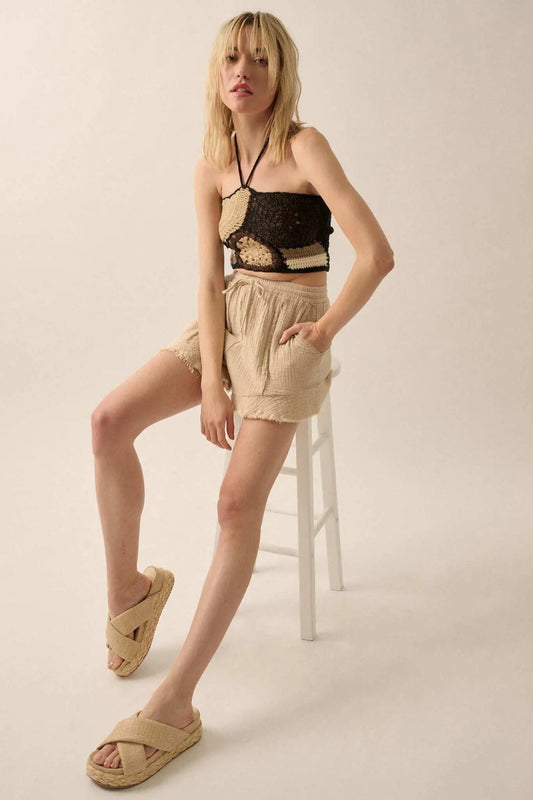Ruffle and Ready Crinkle Cotton Raw-Edge Shorts