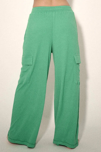 Smocked Jersey Wide-Leg Cargo Lounge Pants