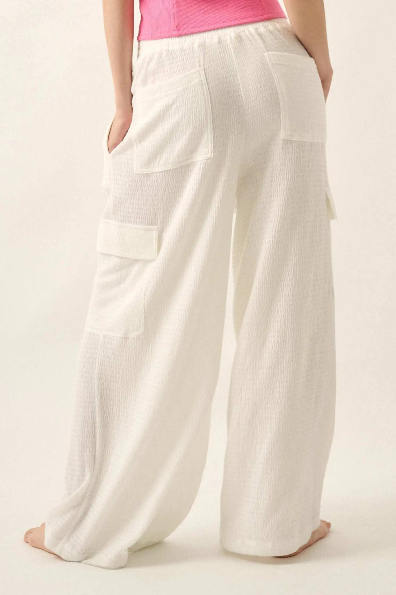 Smocked Jersey Wide-Leg Cargo Lounge Pants