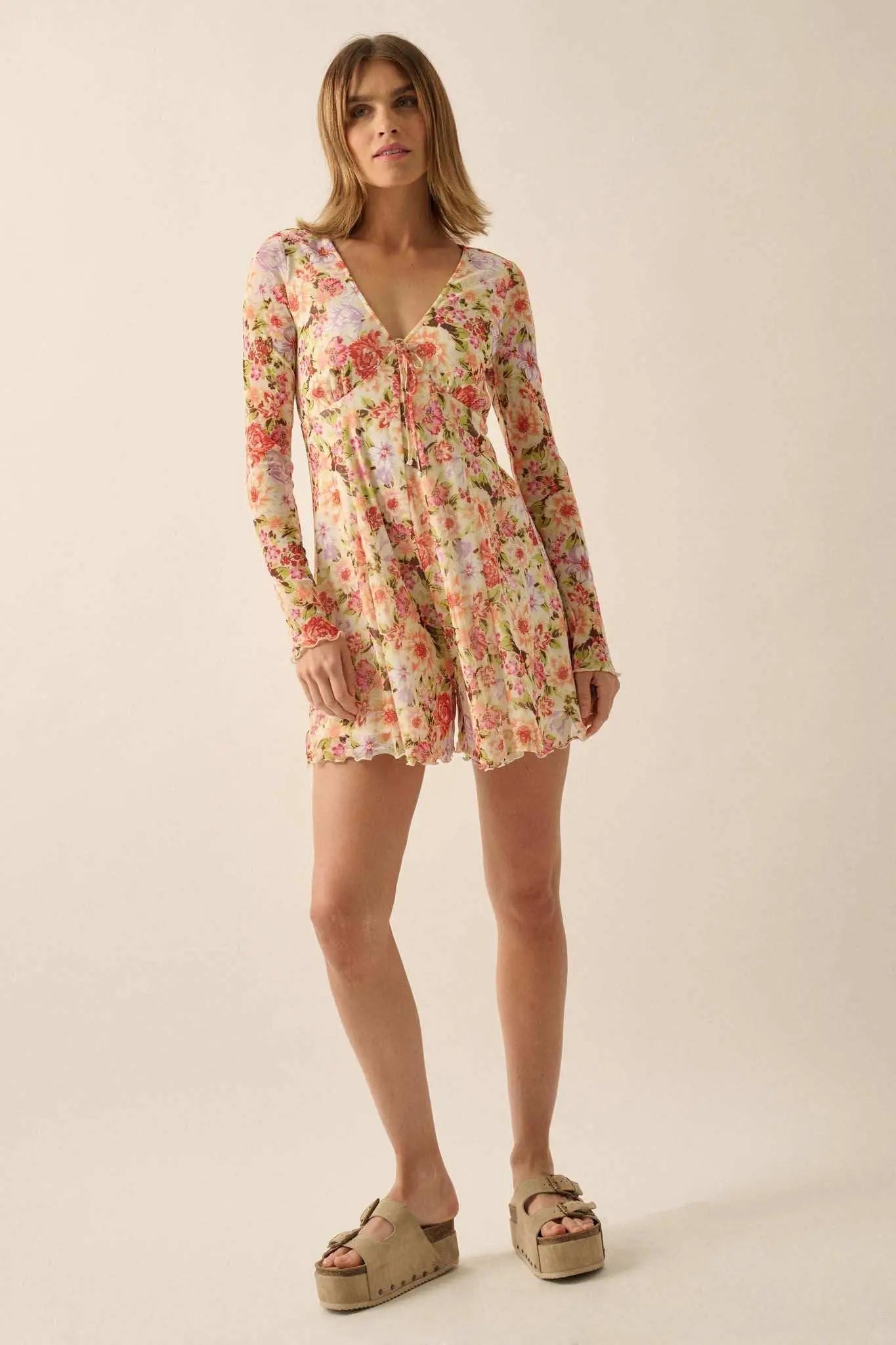 Growing Wild Floral-Print Mesh Long-Sleeve Romper