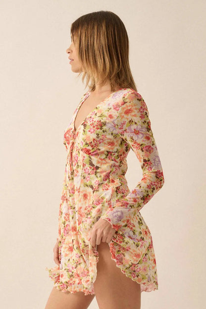 Growing Wild Floral-Print Mesh Long-Sleeve Romper