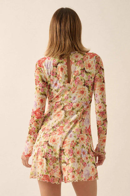 Growing Wild Floral-Print Mesh Long-Sleeve Romper