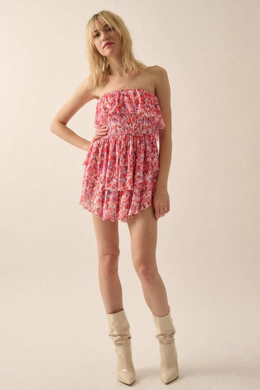 Bunches of Blooms Floral Mesh Strapless Romper