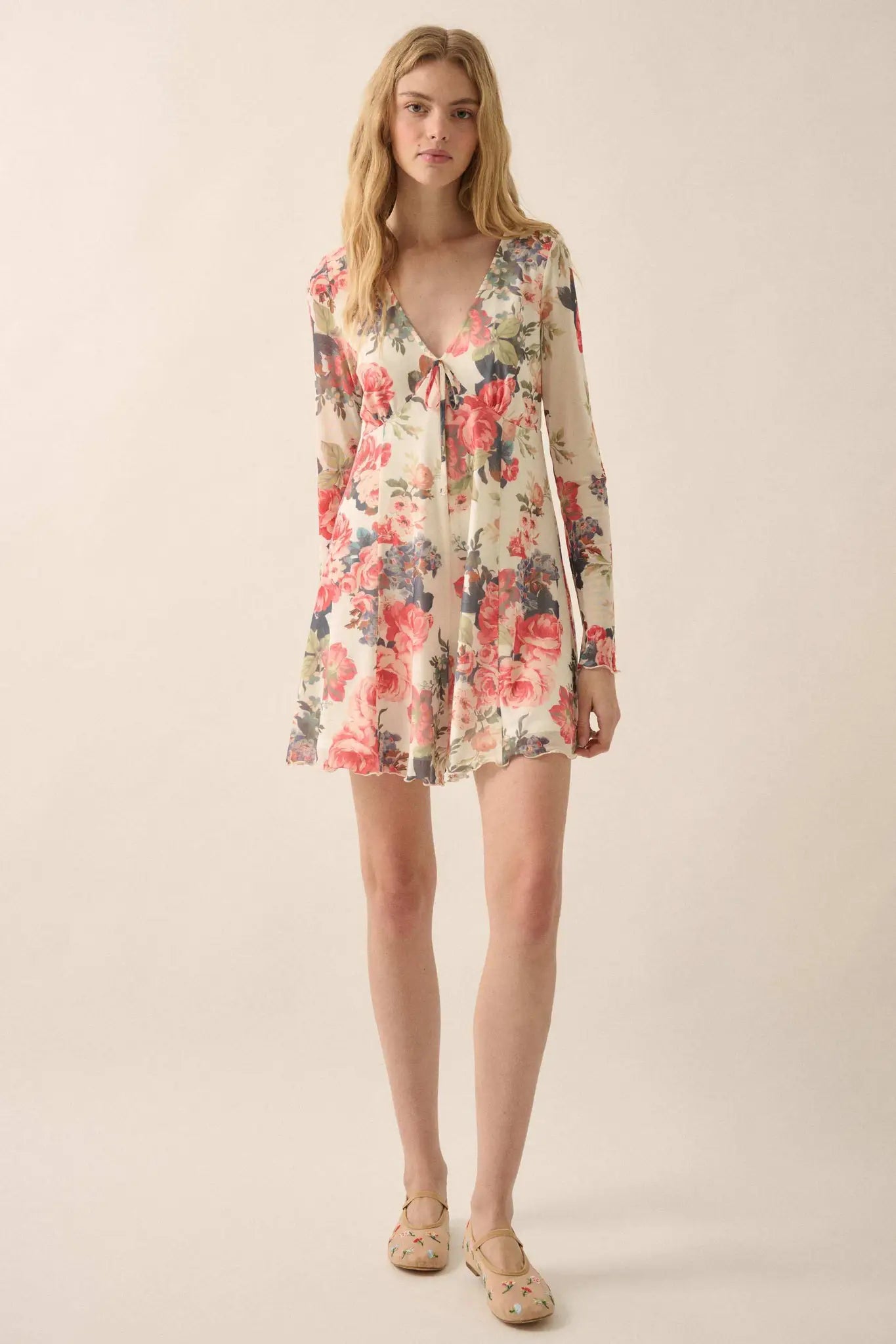 Bloom to Life Floral-Print Mesh V-Neck Romper