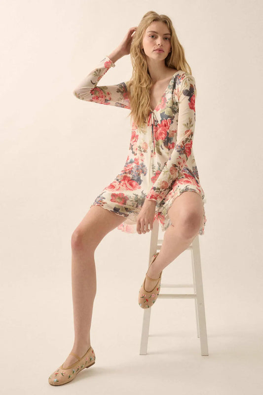 Bloom to Life Floral-Print Mesh V-Neck Romper