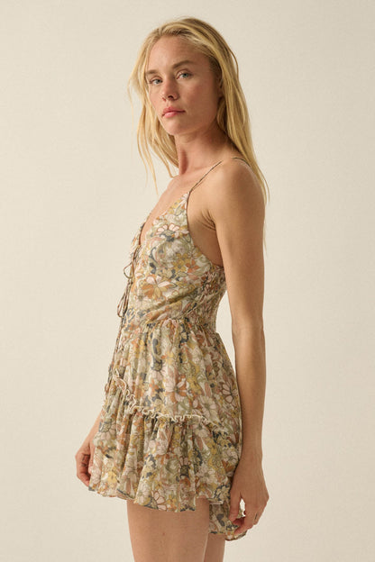 Bygone Blooms Floral Chiffon Tie-Front Ruffle Romper