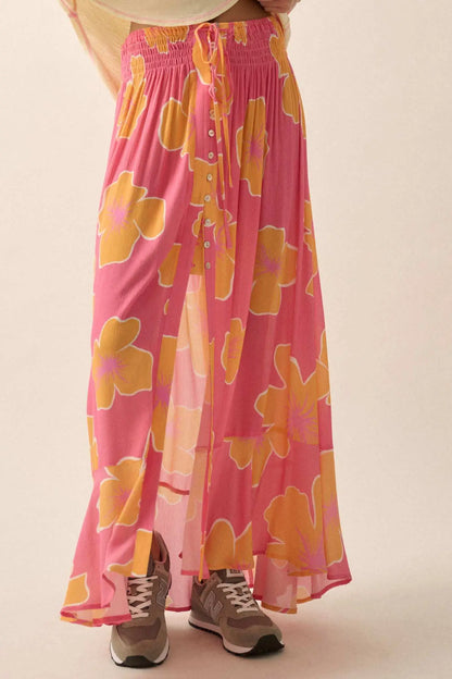 Hibiscus Grove Floral Crepe Buttoned Maxi Skirt