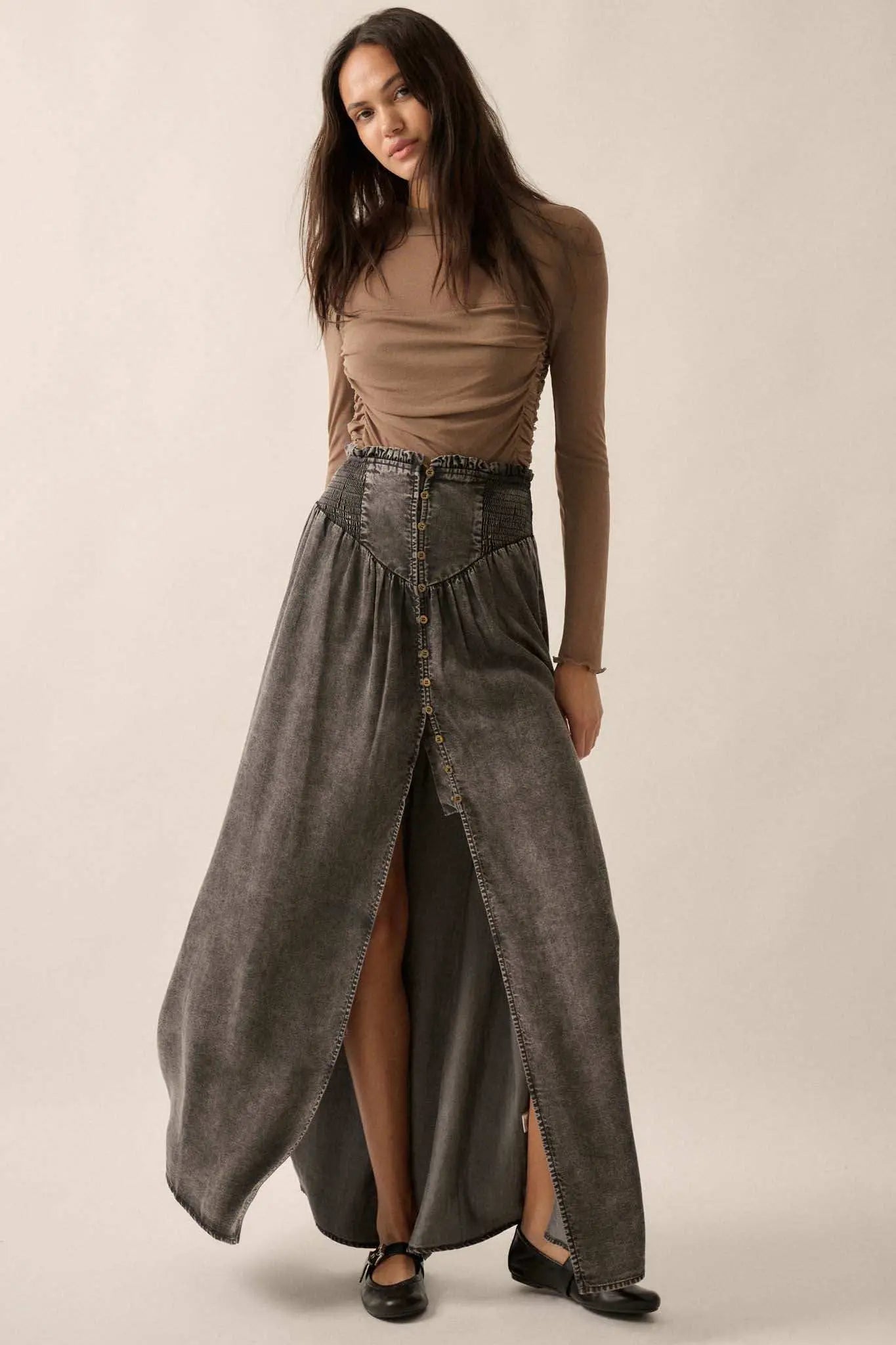 Softest Storm Acid-Wash Denim Buttoned Maxi Skirt