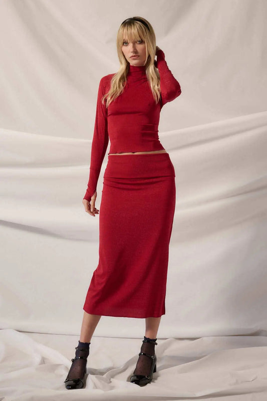 Make It Sparkle Shimmer Knit Foldover Midi Skirt