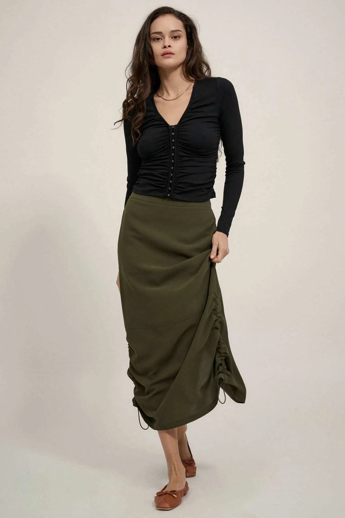 Lifted Fit Ruched Hook-Front Long-Sleeve Top