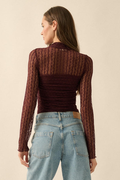 Belle Amour Ruched Striped Lace Mock-Neck Bodysuit