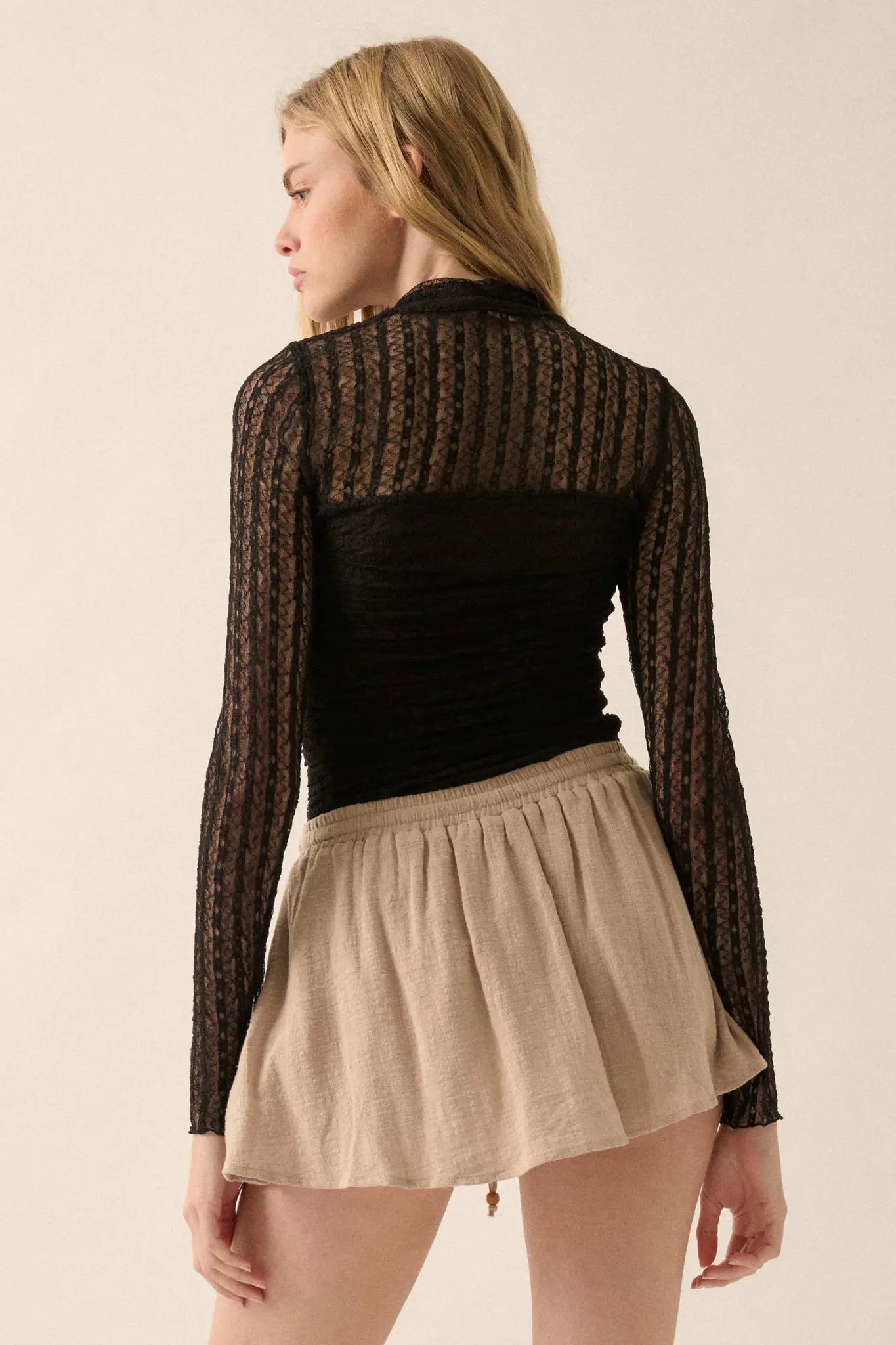 Belle Amour Ruched Striped Lace Mock-Neck Bodysuit