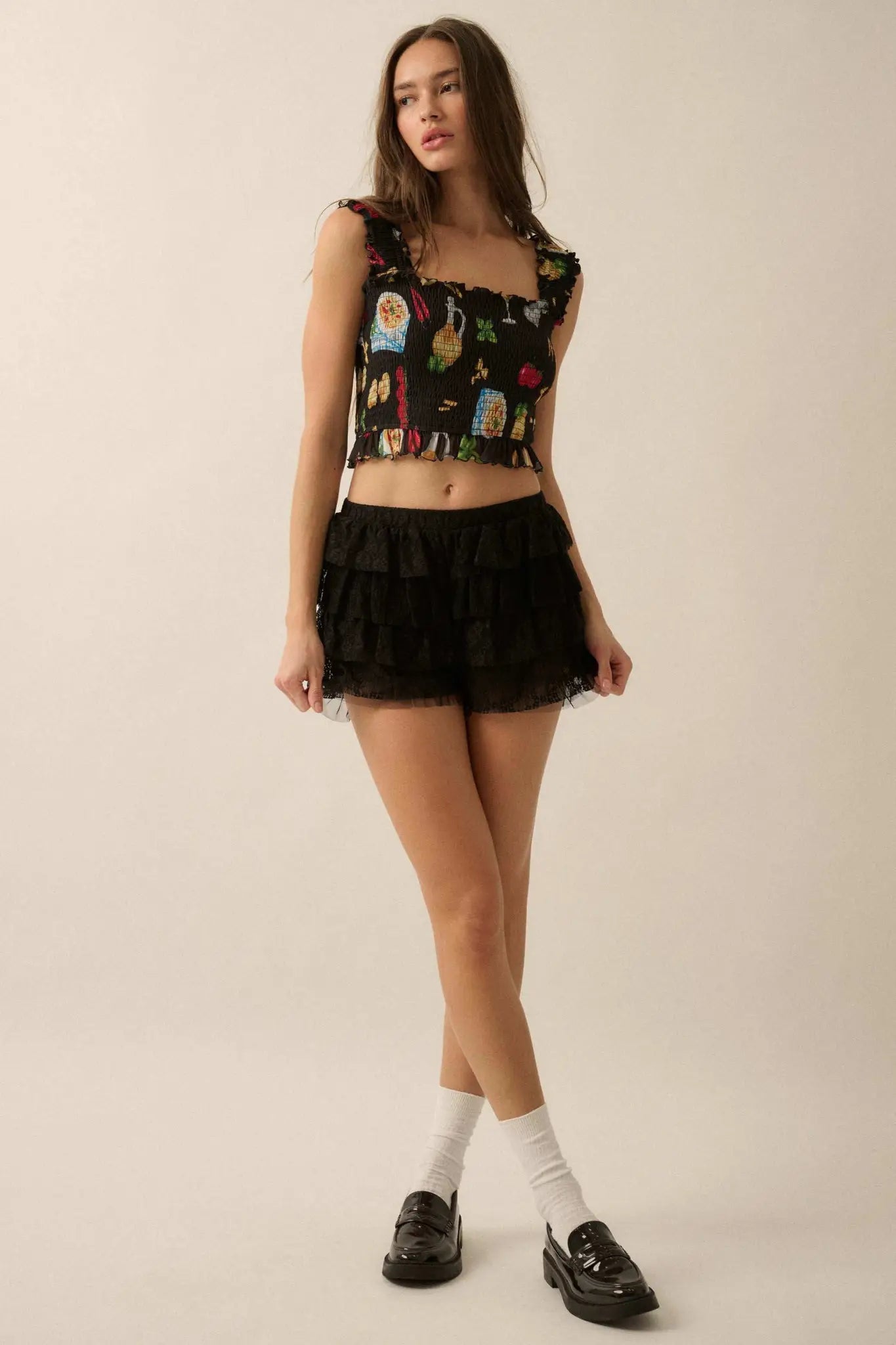 Ciao Bella Printed Mesh Smocked Cropped Tank Top