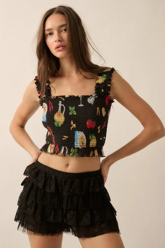 Ciao Bella Printed Mesh Smocked Cropped Tank Top