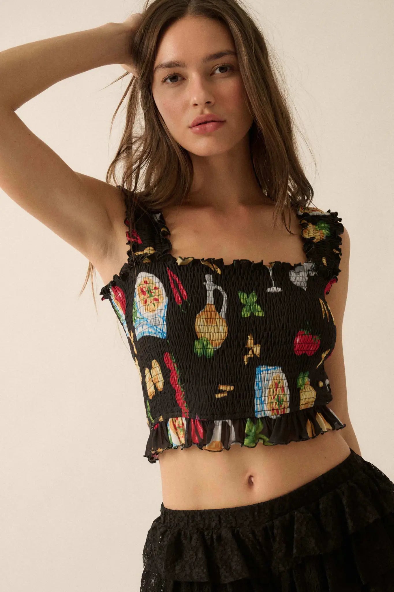 Ciao Bella Printed Mesh Smocked Cropped Tank Top