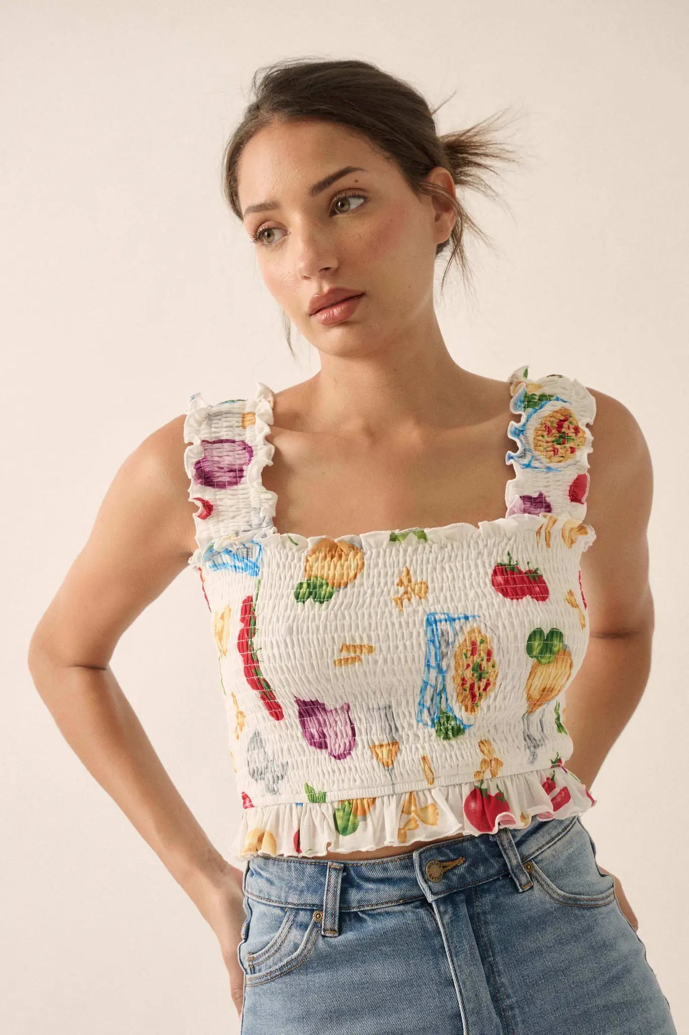 Ciao Bella Printed Mesh Smocked Cropped Tank Top