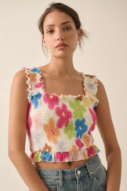 Funky Flowers Smocked Floral Mesh Ruffle Tank Top