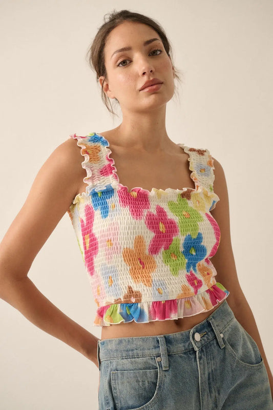 Funky Flowers Smocked Floral Mesh Ruffle Tank Top