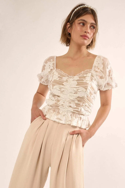 Heavenly Heart Embroidered Lace Puff-Sleeve Top