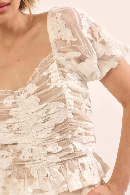 Heavenly Heart Embroidered Lace Puff-Sleeve Top
