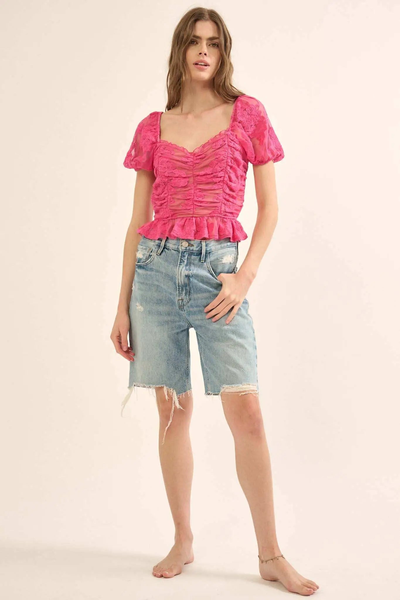 Heavenly Heart Embroidered Lace Puff-Sleeve Top